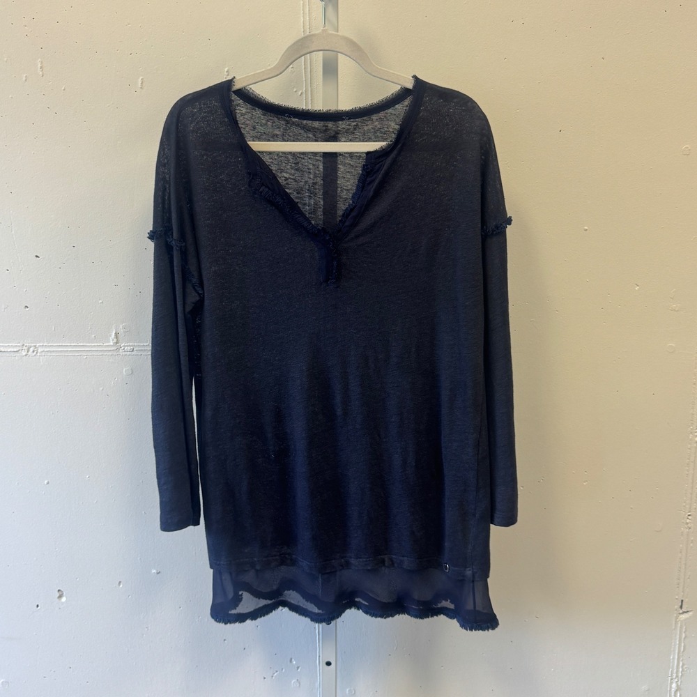 Massimo Rebecchi Italian Linen Silk Trim Long Sleeve Top Tunic Size 44 Lg Navy